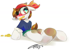 Size: 1417x1000 | Tagged: suggestive, artist:iopichio, anatomically incorrect, arm hooves, backsack, balls, blushing, bottom, bottomless, butt, clothes, dead source, foal, foalcon, g4, imported from derpibooru, incorrect leg anatomy, male, nudity, pipsqueak, plot, semi-anthro, solo, solo male
