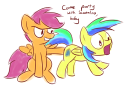 Size: 800x551 | Tagged: suggestive, artist:whatsapokemon, scootaloo, oc, oc:aurora, oc:aurora dawn, butt touch, canon x oc, female, filly, filly on filly, foal, foalcon, g4, hoof on butt, imported from derpibooru, lesbian, molestation, pegasus, personal space invasion, pervert, pony, scootadawn, surprise sex, surprised, wide eyes