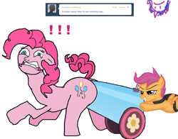 Size: 1326x1038 | Tagged: semi-grimdark, suggestive, pinkie pie, scootaloo, oc, oc:twilight panda, balloonbutt, butt, earth pony, exclamation point, female, female on female rape, filly, foal, foalcon, g4, imported from derpibooru, insertion, lesbian, mare, mspaintponies, party cannon, pegasus, plot, pony, rape, simple background, tumblr, unusual insertion, white background