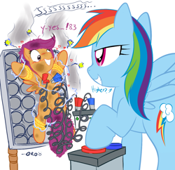 Size: 1016x982 | Tagged: suggestive, artist:0r0ch1, rainbow dash, scootaloo, age difference, anatomically incorrect, battery, bdsm, blushing, bondage, clamps, consensual, dashdom, duo, electricity, electrocution, electrostim, female, femdom, femsub, filly, foal, foalcon, g4, happy bondage, imported from derpibooru, lesbian, mare, mare on filly, masochism, nipple clamps, pegasus, pony, rambo 2, scootasub, ship:scootadash, shipping, spread eagle, submissive