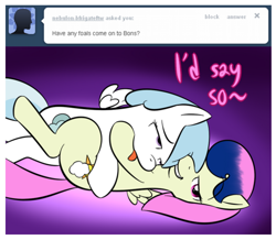 Size: 908x791 | Tagged: suggestive, artist:lamia, age difference, ask skyra and bons away, bons away, bonsawayabetes, cotton cloudy, cottonbetes, cute, female, filly, filly bons away, foal, foalcon, g4, hug, implied sex, imported from derpibooru, lesbian, on back, pegasus, pony, ship:bonscloudy