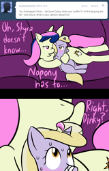 Size: 640x1000 | Tagged: semi-grimdark, suggestive, artist:lamia, age difference, ask skyra and bons away, belly, blushing, blushing profusely, bondage, bons away, dead source, dialogue, dinky hooves, dinkyaway, female, female on female rape, femdom, femsub, filly, foal, foalcon, foalnapping, g4, horn, imminent hornjob, imminent rape, imminent sex, imported from derpibooru, kidnapped, lesbian, looking back, mare, mare on filly, pegasus, pony, ship:dinkyaway, shipping, submissive, sweat, sweatdrop, sweating profusely, tongue out, unicorn