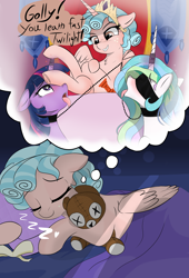 Size: 1514x2220 | Tagged: suggestive, artist:local sugar provider, princess celestia, twilight sparkle, alicorn, alicornified, bed, bedroom, bedsheets, blindfold, blushing, bow, canterlot castle, canterlot castle interior, collar, cozy glow, cozy glow's true goal, cozycorn, cozydom, crossed legs, crown, cute, dark room, derpibooru exclusive, dominant, domination, dream, ears back, evil smile, female, femdom, femsub, fetish, filly, foal, foalcon, foaldom, freckles, g4, hair bow, heart, heart eyes, holding pillow, hoof fetish, hoof on face, hoof worship, horn, horn ring, hug, imported from derpibooru, indoors, jewelry, leash, leash pull, looking up, magic suppression, mare, pegasus, pet play, pettwi, pillow, pillow hug, plushie, pony, pulling, pure concentrated unfiltered evil of the utmost potency, pure unfiltered evil, race swap, regalia, ring, sitting, slave, sleeping, smiling, smirk, speech bubble, sublestia, submissive, teddy bear, text, throne, tongue out, twisub, victorious villain, wall of tags, wingding eyes, wings, worship