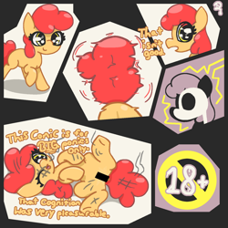 Size: 1500x1500 | Tagged: suggestive, oc, oc:bit mango, comic:bits for caps, anonymous artist, censor bar, censored, censored vulva, comic, earth pony, female, filly, foal, foalcon, imported from derpibooru, legs in air, lying down, oc only, on back, one eye closed, skull, source needed, text, wink, x-ray