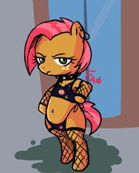 Size: 637x794 | Tagged: suggestive, artist:fawxs, babs seed, belly, belly button, bipedal, clothes, earth pony, female, filly, fishnet clothing, fishnet stockings, foal, foalcon, g4, imported from derpibooru, legwear, looking at you, panties, pony, solo, solo female, source needed, stockings, thigh highs, underwear