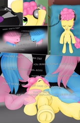 Size: 1989x3072 | Tagged: suggestive, artist:anonymousandrei, comic:life of li'l cheese, aloe, asmr, bed, bedroom, colt, comic, derpibooru exclusive, earth pony, eyes closed, faceless female, featureless crotch, female, foal, foalcon, frog (hoof), g4, headphones, hoofbutt, imagining, imported from derpibooru, indoors, li'l cheese, listening, lotus blossom, male, mare, misspelling, offscreen character, pony, pubic fluff, record, record player, underhoof