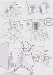 Size: 2533x3560 | Tagged: suggestive, artist:parumpi, spike, age difference, audience, bipedal, bottom heavy, box, butt, butt hold, cape, clapping, clothes, comic, dialogue, door, dragon, dragon on pony action, fat, female, floating heart, foalcon, g4, grayscale, hat, heart, high res, horn, huge butt, imported from derpibooru, impossibly large butt, interspecies, large butt, looking pleasured, magic trick, male, monochrome, obese, panties, pony, ship:spixie, shipping, stage, straight, the great and bountiful trixie, the great and powerful ass, trixie, trixie's cape, trixie's hat, underwear, unicorn, wingless spike