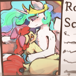 Size: 3000x3000 | Tagged: suggestive, artist:ruby, apple bloom, princess celestia, alicorn, blushing, bow, butt, caught, chest fluff, cuddling, dock, duo, earth pony, female, filly, foal, foalcon, g4, hair bow, high res, horn, imported from derpibooru, lesbian, mare, newspaper, plot, pony, semi-anthro, ship:celestibloom, shipping, tail