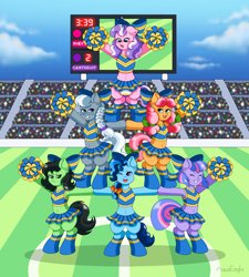 Size: 2019x2247 | Tagged: suggestive, artist:aquaeagle, diamond tiara, silver spoon, oc, oc:filly anon, abdl, accidental exposure, accidental flashing, annoyed, background pony, belly, belly button, bipedal, black hair, black mane, black tail, blue body, blue coat, blue fur, blue sky, blushing, bobcut, bored, bow, bra, braid, camera flashes, cheering, cheerleader, cheerleader outfit, clothes, cloud, crop top bra, crotch shot, crowd, crown, dancing, diaper, diaper fetish, diaper tiara, diaper under clothes, diapered, ear fluff, earth pony, earth pony oc, embarrassed, embarrassed underwear exposure, exposure, eyelashes, eyes closed, female, females only, fetish, filly, foal, foalcon, football field, g4, glasses, grass, gray body, gray coat, gray fur, gray hair, gray mane, gray tail, green body, green coat, green eyes, green fur, grin, hair bow, happy, humiliation, imported from derpibooru, jewelry, kettle corn, legwear, long socks, looking down, looking up, midriff, miniskirt, multicolored hair, multicolored mane, multiple characters, non-baby in diaper, one eye closed, one eye open, open mouth, orange body, orange coat, orange fur, outdoors, padded, pampers, pegasus, performance, petunia paleo, pigtails, pink body, pink coat, pink fur, pissing, pom pom, pony, pony pyramid, ponytail, public, public humiliation, purple body, purple coat, purple eyes, purple fur, purple hair, purple mane, purple tail, regalia, revealing clothing, scoreboard, semi-anthro, short hair, short shirt, skirt, sky, smiling, socks, stadium, standing, striped mane, striped tail, tail, thicc thighs, thigh highs, thighs, tiara, underwear, uniform, uniform fetish, upskirt, urine, voyeur, voyeurism, wall of tags, watching, watersports, wet diaper, wetting, white diaper, white hair, white mane, white tail, wind sprint, wink, worried