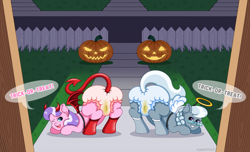 Size: 2078x1260 | Tagged: suggestive, artist:aquaeagle, diamond tiara, silver spoon, abdl, angel costume, bent over, blue diaper, blue eyes, braid, brat, butt, clothes, costume, dark, devil costume, dialogue, diaper, diaper bulge, diaper butt, diaper fetish, diaper spoon, diaper tiara, diapered, dressing up, duo, earth pony, fake tail, fake wings, fangs, female, females only, fence, fetish, filly, fishnet clothing, fishnet stockings, foal, foalcon, frilly diaper, g4, glasses, grass, gray body, gray coat, gray fur, gray hair, gray mane, gray tail, grin, halloween, halloween costume, halo, happy halloween, holiday, horns, imported from derpibooru, jack-o-lantern, legwear, looking at you, mischievous, multicolored hair, multicolored mane, multiple characters, night, non-baby in diaper, offscreen character, one eye closed, one eye open, open mouth, outdoors, pampers, pink body, pink coat, pink fur, pissing, pony, poofy diaper, porch, pov, presenting, presenting butt, public, pumpkin, purple eyes, purple hair, purple mane, purple tail, rear view, red diaper, red socks, revealing clothing, road, smiling, socks, speech bubble, stockings, street, striped mane, striped tail, tail, talking to viewer, text, thigh highs, trick or treat, urine, watersports, wet, wet diaper, wetting, wetting diaper, white diaper, white hair, white mane, white socks, white tail, wings, wink