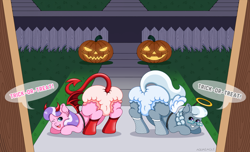 Size: 2078x1260 | Tagged: suggestive, artist:aquaeagle, diamond tiara, silver spoon, abdl, angel costume, bent over, blue diaper, blue eyes, braid, brat, butt, clothes, costume, dark, devil costume, dialogue, diaper, diaper bulge, diaper butt, diaper fetish, diaper spoon, diaper tiara, diapered, dressing up, duo, earth pony, fake tail, fake wings, fangs, female, females only, fence, fetish, filly, fishnet clothing, fishnet stockings, foal, foalcon, frilly diaper, g4, glasses, grass, gray body, gray coat, gray fur, gray hair, gray mane, gray tail, grin, halloween, halloween costume, halo, happy halloween, holiday, horns, imported from derpibooru, jack-o-lantern, legwear, looking at you, mischievous, multicolored hair, multicolored mane, multiple characters, night, non-baby in diaper, offscreen character, one eye closed, one eye open, open mouth, outdoors, pampers, pink body, pink coat, pink fur, pony, poofy diaper, porch, pov, presenting, presenting butt, public, pumpkin, purple eyes, purple hair, purple mane, purple tail, rear view, red diaper, red socks, revealing clothing, road, smiling, socks, speech bubble, stockings, street, striped mane, striped tail, tail, talking to viewer, text, thigh highs, trick or treat, white diaper, white hair, white mane, white socks, white tail, wings, wink