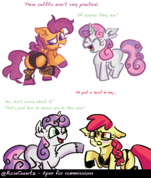 Size: 1258x1476 | Tagged: suggestive, artist:rosequartzhearts, apple bloom, scootaloo, sweetie belle, comic:sweetie's stars, butt, clothes, cutie mark crusaders, earth pony, fishnet clothing, fishnet stockings, foalcon, g4, horn, imported from derpibooru, legwear, lingerie, pegasus, plot, pony, scootabutt, stockings, thigh highs, unicorn