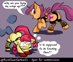 Size: 1524x1292 | Tagged: suggestive, artist:rosequartzhearts, apple bloom, scootaloo, comic:sweetie's stars, age difference, bloom butt, blushing, butt, butt touch, clothes, earth pony, female, filly, fishnet clothing, fishnet stockings, foal, foalcon, g4, hoof on butt, imported from derpibooru, legwear, lingerie, male, pegasus, pony, scootabutt, stallion, stockings, the cmc's cutie marks, thigh highs