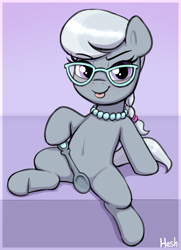 Size: 1824x2520 | Tagged: suggestive, artist:heretichesh, silver spoon, belly, belly button, colored, earth pony, eyelashes, female, filly, foal, foalcon, frog (hoof), g4, glasses, gray coat, gray hair, gray tail, imported from derpibooru, jewelry, leaning back, looking at you, necklace, passepartout, pearl necklace, pony, ponytail, purple eyes, solo, spoon, spread legs, spreading, strategically covered, sultry pose, tongue out, underhoof