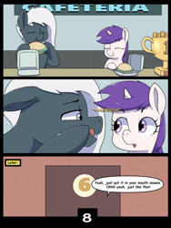Size: 6000x8000 | Tagged: suggestive, artist:imposter dude, oc, oc:snowie aura, oc:tempest streamrider, age difference, bits, comic, duo, eating, female, filly, foal, foalcon, food, horn, imminent foalcon, imminent sex, imported from derpibooru, indoors, male, oc only, pegasus, pony, pony oc, pony on pony action, stallion, stallion on filly, straight, trophy, unicorn