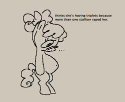 Size: 485x393 | Tagged: semi-grimdark, suggestive, artist:myra, oc, oc:sody pop, ..., afterrape, aftersex, bipedal, earth pony, earth pony oc, female, filly, foal, foalcon, glasses, gray background, implied foalcon, implied gang rape, implied gangbang, implied rape, imported from derpibooru, looking down, monochrome, oc only, pony, pregnant, pregnant foal, simple background, solo, tail, text