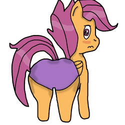Size: 2048x2048 | Tagged: suggestive, artist:background_pon3, scootaloo, blush sticker, blushing, butt, clothes, confused, female, filly, foal, foalcon, folded wings, g4, imported from derpibooru, looking at you, looking back, looking back at you, panties, pegasus, plot, pony, rear view, shy, simple background, solo, solo female, tail, tail aside, transparent background, underwear, unsure, wings