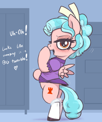Size: 2500x3000 | Tagged: suggestive, artist:t72b, baby doll, batman the animated series, bipedal, blushing, bow, clothes, costume, cozy glow, female, filly, foal, foalcon, g4, hair bow, hoof over mouth, imported from derpibooru, looking at you, panties, panties around legs, pegasus, pony, shoes, skirt, skirt lift, socks, solo, talking to viewer, underwear