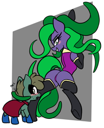 Size: 2009x2462 | Tagged: suggestive, artist:steelsoul, age difference, antagonist, blushing, boots, butt, clothes, colt, duo, female, foal, foalcon, g4, hero, humdrum, imminent sex, imported from derpibooru, legwear, male, mane-iac, mare, mare on colt, passepartout, plot, pony, ship:drum-iac, shipping, shoes, skimpy outfit, socks, straight, straight shota, sultry pose, tentacle hair, tentacles, thigh boots, thigh highs