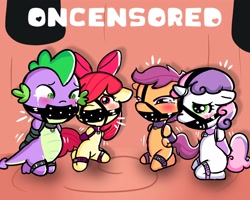 Size: 2500x2000 | Tagged: suggestive, artist:oncensored, apple bloom, scootaloo, spike, sweetie belle, blushing, bondage, bound and gagged, crying, cutie mark crusaders, dragon, earth pony, female, filly, foal, foalcon, g4, gag, gagging, group, hooves behind back, horn, imported from derpibooru, kneeling, male, panel gag, pegasus, pony, quartet, semi-anthro, unicorn, wingless spike