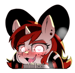 Size: 829x810 | Tagged: suggestive, artist:cold-blooded-twilight, oc, oc:lilith, bedroom eyes, blushing, bow, bust, clothes, collar, drool, eyeshadow, fangs, female, filly, foal, foalcon, freckles, glowing, glowing eyes, heart, heart eyes, imported from derpibooru, leggings, legwear, makeup, oc only, panting, piercing, pony, simple background, solo, transparent background, wingding eyes
