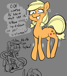Size: 478x545 | Tagged: suggestive, artist:this_sl0th, applejack, blushing, earth pony, female, filly, foal, foalcon, g4, imported from derpibooru, pony, solo