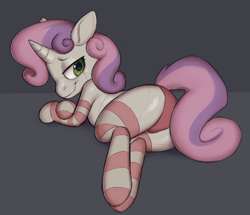 Size: 1544x1327 | Tagged: suggestive, artist:wuggsy, sweetie belle, butt, clothes, female, filly, foal, foalcon, g4, gynoid, horn, imported from derpibooru, legwear, panties, plot, pony, robot, robot pony, socks, solo, striped socks, sweetie bot, thigh highs, underwear, unicorn
