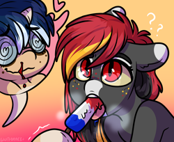 Size: 2000x1634 | Tagged: suggestive, artist:gluttonace, oc, oc:depraved daydream, oc:rocket trail, blood, drool, female, filly, foal, foalcon, food, horn, hybrid, imported from derpibooru, mare, nosebleed, oc only, pegabat, pony, popsicle, suggestive eating, unicorn