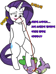 Size: 768x1024 | Tagged: suggestive, artist:miller31744, rarity, spike, bipedal, blushing, collar, dragon, duo, duo male and female, female, foalcon, g4, heart, heart eyes, horn, imported from derpibooru, korean, leash, male, pet play, pony, raridom, semi-anthro, ship:sparity, shipping, spike is a pet, spikesub, straight, translation request, unicorn, wingding eyes