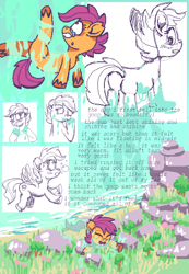 Size: 2436x3516 | Tagged: suggestive, artist:idadeerz, scootaloo, collage, crying, detailed background, digital art, earth pony, female, filly, foal, foalcon, g4, goop, imported from derpibooru, missing cutie mark, ms paint, nervous, nervous smile, pegasus, pony, sandaloo, slime, smiling, solo, text