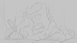 Size: 1920x1079 | Tagged: suggestive, artist:dtcx97, scootaloo, sweetie belle, basket, drool, duo, duo female, female, filly, filly on filly, foal, foalcon, french kiss, g4, horn, imported from derpibooru, kissing, lesbian, lying down, monochrome, nose to nose, on back, picnic basket, pony, ship:scootabelle, shipping, sketch, unicorn