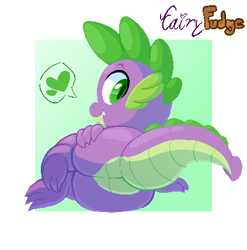 Size: 423x428 | Tagged: suggestive, artist:fairyfudge, spike, ass, butt, butt touch, dragon, dragonbutt, explicit source, fangs, foalcon, g4, grotesque source, hand on butt, heart, imported from derpibooru, looking at you, looking back, looking back at you, lying down, male, on side, passepartout, rear view, signature, smiling, solo, solo male, speech bubble, spikebutt, tail, underfoot