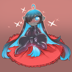Size: 1200x1200 | Tagged: suggestive, artist:cold-blooded-twilight, oc, oc:tundra sparkle, art pack:shiny plastic, blue eyes, blue mane, cameltoe, earth pony, female, filly, foal, foalcon, imported from derpibooru, latex, latex suit, long mane, oc only, parent:twilight sparkle, pillow, pony, solo, solo female