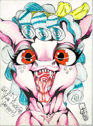 Size: 5852x7911 | Tagged: semi-grimdark, suggestive, artist:quizaro, cozy glow, drool, drool string, female, filly, filly pred, foal, foalcon, g4, imminent vore, imported from derpibooru, mawshot, open mouth, pegasus, pervert, tongue out, traditional art, vulgar