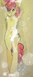 Size: 1359x3172 | Tagged: suggestive, artist:ruby, apple bloom, alternate version, anthro, belly button, censored, earth pony, female, foalcon, g4, high res, imported from derpibooru, nudity, semi-anthro, solo, solo female, traditional art, unguligrade anthro