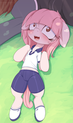 Size: 1200x2000 | Tagged: suggestive, artist:an-m, oc, oc:setna, blind, blushing, clothes, earth pony, female, filly, floppy ears, foal, foalcon, gap teeth, imported from derpibooru, lying down, oc only, offscreen character, on back, open mouth, open smile, part of a set, pony, school uniform, smiling