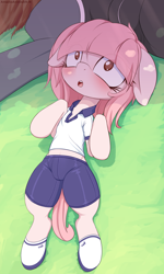 Size: 1200x2000 | Tagged: suggestive, artist:an-m, oc, oc:setna, blind, blushing, clothes, earth pony, female, filly, floppy ears, foal, foalcon, imported from derpibooru, lying down, oc only, offscreen character, on back, open mouth, part of a set, pony, school uniform