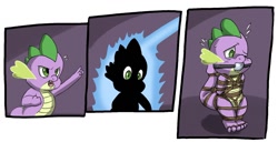 Size: 1280x657 | Tagged: suggestive, artist:umbravulpes7, spike, ballgag, bondage, bound and gagged, bound tail, bound wings, comic, dragon, emanata, foalcon, g4, gag, imported from derpibooru, magic, one eye closed, open mouth, rope, rope bondage, shibari, spikesub, sweat, sweatdrops, tail, tied up, toe tied, toes, wings