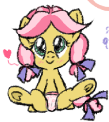 Size: 421x470 | Tagged: suggestive, artist:craftycirclepony, blushing, bow, cameltoe, clothes, cute, earth pony, female, filly, floating heart, foal, foalcon, g4, hair bow, heart, imported from derpibooru, kettle corn, looking at you, panties, pony, presenting, simple background, sitting, solo, spread legs, spreading, underhoof, underwear, white background