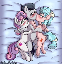 Size: 1944x2026 | Tagged: suggestive, artist:anibaruthecat, sweetie belle, bed, belly, black mane, blue mane, blushing, bow, butt, cozy glow, cuddling, drool, eyelashes, feathered wings, female, foalcon, folded wings, french kiss, g4, gray coat, group sex, hair bow, horn, imported from derpibooru, kissing, lidded eyes, lying down, male, on bed, part of a set, pegasus, pegasus wings, pink coat, plot, pony, rumble, rumble gets all the fillies, ship:rumbelle, ship:rumbleglow, shipping, straight, tail, tail bow, threesome, two toned mane, two toned tail, unicorn, unicorn horn, white coat, wings