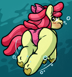 Size: 1782x1914 | Tagged: suggestive, artist:faerienougat, apple bloom, bloom butt, butt, clothes, earth pony, female, filly, foal, foalcon, g4, holding breath, imported from derpibooru, one-piece swimsuit, pony, rear view, solo, solo female, swimming, swimsuit, underhoof, underwater, water