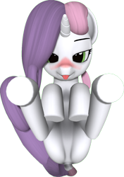 Size: 798x1134 | Tagged: suggestive, artist:anonymous, sweetie belle, 3d, :p, blushing, featureless crotch, female, filly, foal, foalcon, g4, green eyes, horn, imported from derpibooru, legs in air, looking at you, lying down, on back, pink mane, pony, purple mane, second life, simple background, solo, solo female, tongue out, transparent background, two toned mane, unicorn, white coat