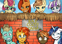 Size: 4092x2893 | Tagged: safe, artist:php224, button mash, shining armor, oc, oc:cream heart, fanfic:bad colts camp, accessory, age difference, author:shakespearicles, bad colts camp, banana, beard, brick wall, cap, cape, clothes, cloud, colt, concerned, cover art, day, ear piercing, earth pony, eyebrows, eyelashes, facial hair, family, female, female on male, foal, foalcon, food, frown, fruit, g4, glasses, grin, gritted teeth, hat, high res, implied incest, implied infidelity, imported from derpibooru, jewelry, lip bite, logo, looking down, male, mare, mare on colt, mare on stallion, mother and child, mother and son, name, necklace, outdoors, parent and child, pearl necklace, pegasus, piercing, pony, posey shy, propeller hat, raised eyebrow, shakespearicles, signature, sky, smiling, stallion, stellar flare, straight, straight shota, sunburst, teeth, text, twilight velvet, unicorn, wall of tags, zephyr breeze