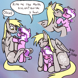 Size: 1000x1000 | Tagged: suggestive, artist:phantarays, diamond tiara, age difference, derpy hooves, dry humping, duo, female, filly, filly on mare, foal, foalcon, g4, gradient background, humping, imported from derpibooru, kissing, lesbian, mare, pegasus, pony, reverse grooming, royalmuffins, ship:derpytiara, unicorn