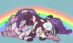 Size: 3000x1766 | Tagged: suggestive, artist:feralkittyclawz, spoiler:comic, bedroom eyes, blushing, drool, drool string, duo, duo female, female, filly, filly on filly, foal, foalcon, french kiss, g5, horn, idw, implied sex, imported from derpibooru, kissing, lesbian, lying down, making out, on back, pony, ship:rainbowskye, shipping, signature, skye, sloppy kissing, tail, tongue out, unicorn, unshorn fetlocks, violette rainbow, vitiligo, zebra