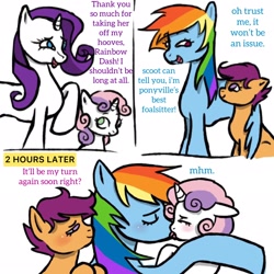 Size: 2048x2048 | Tagged: suggestive, artist:phantarays, rainbow dash, rarity, scootaloo, sweetie belle, 3 panel comic, age difference, blushing, comic, dialogue, eyes closed, fanart, female, filly, foal, foalcon, foalsitting, french kiss, g4, high res, horn, hug, imported from derpibooru, kiss on the lips, kissing, lesbian, mare, open mouth, open smile, pegasus, pony, rainbow dash is a foal fiddler, raised hoof, rapebow dash, ship:scootadash, ship:sweetiedash, shipping, simple background, smiling, this will end in jail time, unicorn, winghug, wings