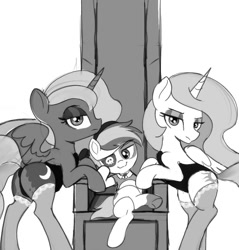 Size: 940x983 | Tagged: suggestive, princess celestia, princess luna, age difference, alicorn, anonymous artist, bipedal, bunny suit, butt, clothes, colt, colt on mare, dock, earth pony, eyepatch, female, foal, foalcon, g4, horn, imported from derpibooru, legwear, leotard, lingerie, male, mare, monochrome, moonbutt, pipsqueak, pipsqueak gets all the mares, pirate pipsqueak, plot, pony, simple background, sitting, socks, stockings, straight, straight shota, tail, thigh highs, throne, trio, trio male and female