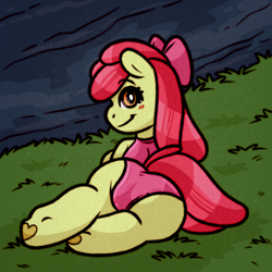Size: 2000x2000 | Tagged: suggestive, artist:faerienougat, apple bloom, apple bloom's bow, bloom butt, blushing, bow, butt, clothes, earth pony, eyebrows, eyebrows visible through hair, female, filly, foal, foalcon, g4, grass, hair bow, high res, hoof heart, imported from derpibooru, looking at you, looking back, looking back at you, lying down, on ground, one-piece swimsuit, plot, pony, prone, rear view, smiling, smiling at you, solo, solo female, swimsuit, underhoof, water