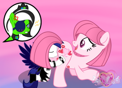 Size: 1538x1122 | Tagged: suggestive, artist:muhammad yunus, oc, oc:annisa trihapsari, oc:teahie, series:the guardian of leadership, alicorn, angry, annibutt, butt, cross-popping veins, duo, earth pony, emanata, eyepatch, eyes closed, female, foalcon, g4, gradient background, imported from derpibooru, kiss mark, kiss my ass, lipstick, mare, oc only, open mouth, open smile, plot, pony, smiling, watermark