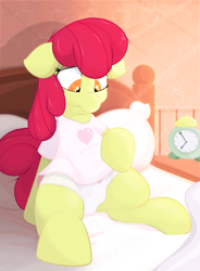 Size: 1592x2160 | Tagged: suggestive, artist:not_texmex, apple bloom, alarm clock, alternate version, bed, bed mane, bedroom, cameltoe, clock, clothes, derpibooru exclusive, earth pony, female, filly, foal, foalcon, g4, imported from derpibooru, innocent, looking down, panties, pillow, pony, shirt, sitting on bed, solo, solo female, spread legs, spreading, underwear, white panties